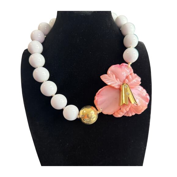 Vintage Large Statement Beaded Pink Hibiscus With White And Gold Tone Beads - Picture 1 of 6